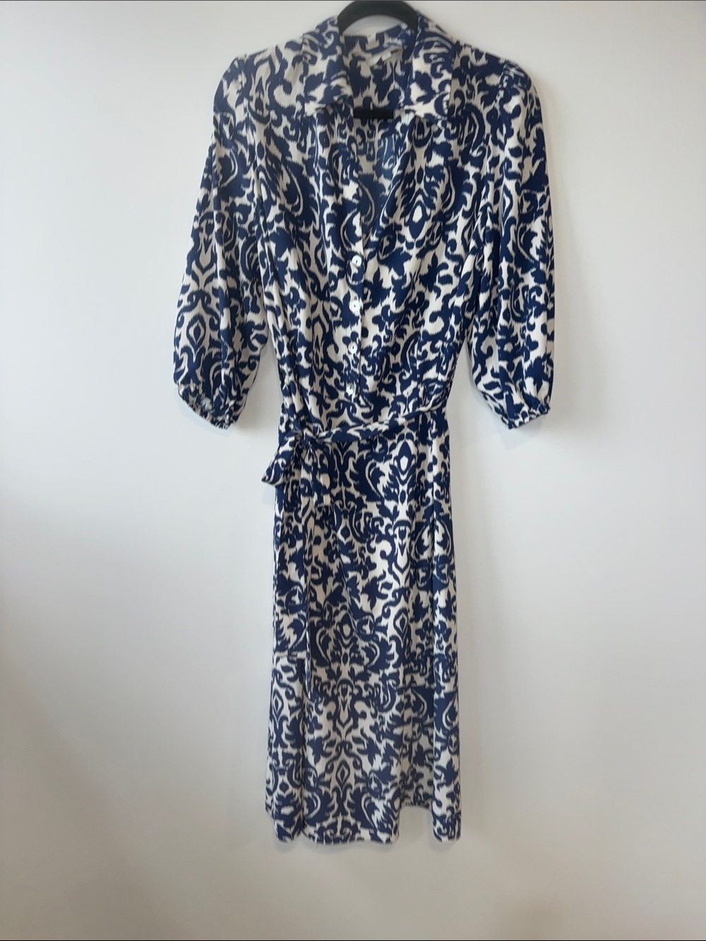 Laura Plus Blue and White Printed Button-Front Midi Dress with Tie Waist